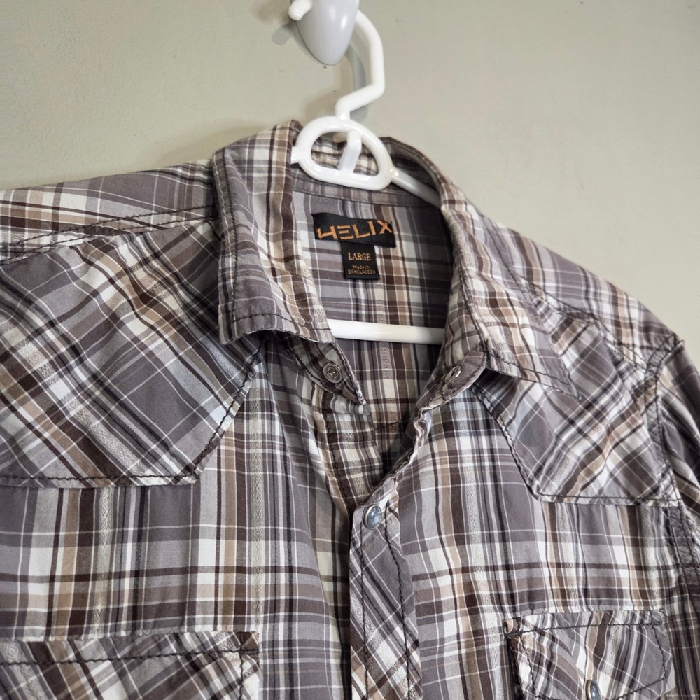Helix Plaid Western Pearl Snap Shirt Mens Large Brown Gray Long Sleeve Casual